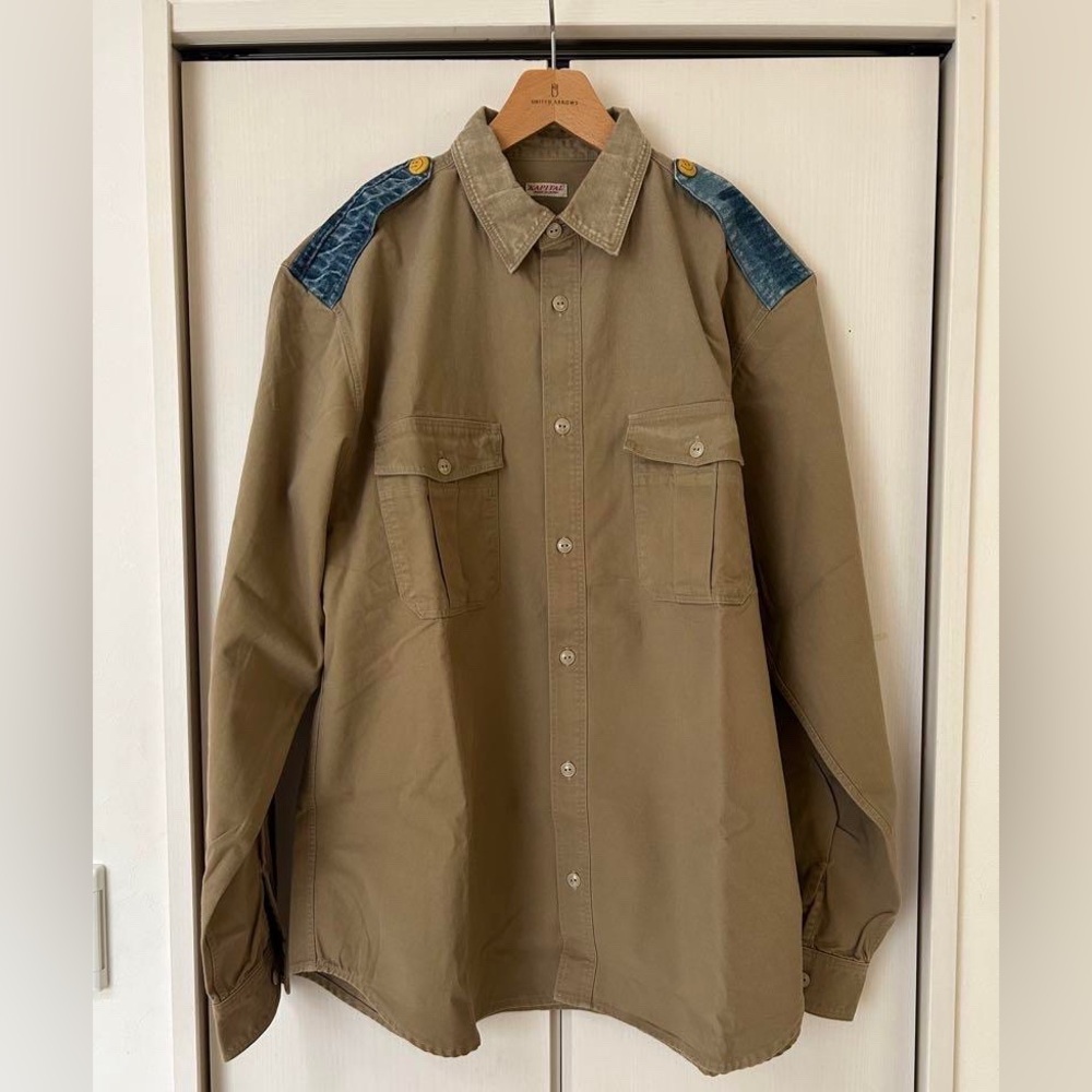 Kapital Khaki Denim Shirt Vintage Work Wear Hippie Smile Face